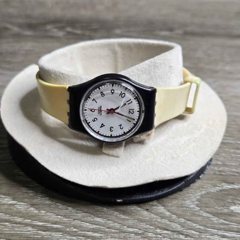 Swatch Swiss Quartz Watch White Dial & Band Black S740 Classic 1980s parts